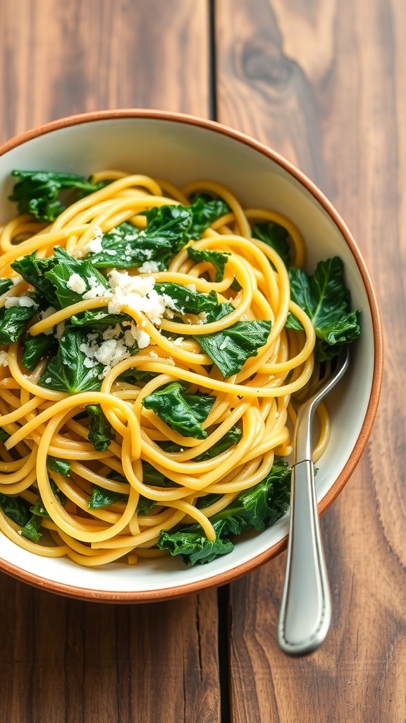 A bowl of garlic kale noodles with kale and Parmesan cheese on a rustic table.